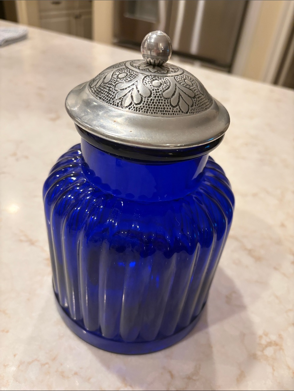 Blue Decorative Glass Jar with Embossed Silver Lid
